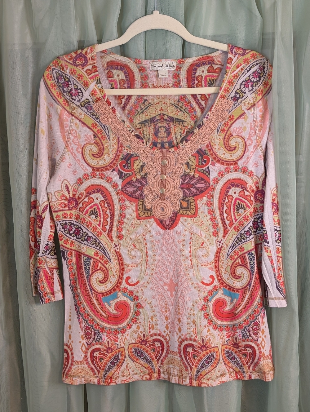 Live and Let Live Coral and Cream Paisley Long Sleeve V-Neck Top